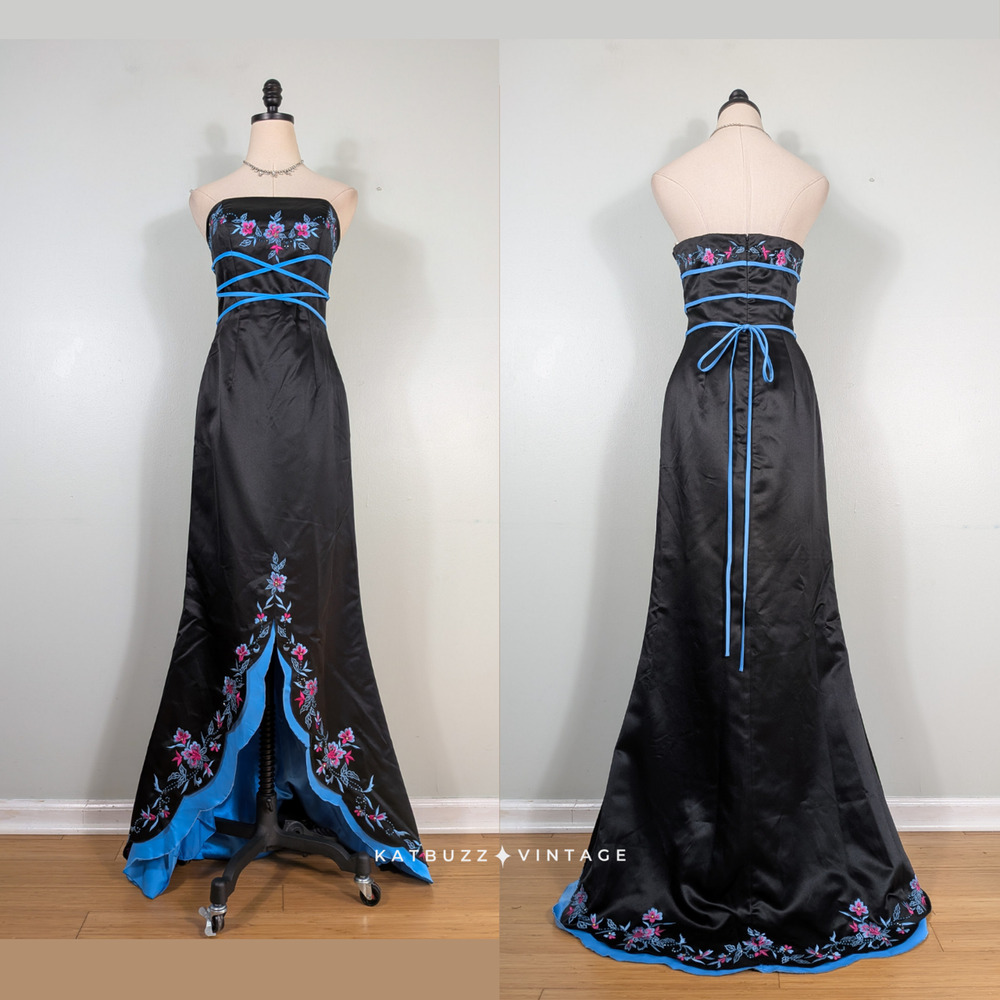 Vintage Jovani Prom Dress Maxi Gown 10 Blue Blue Floral Y2K Embroider Bead Glam